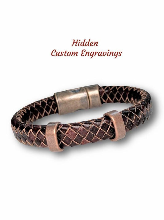 Brown Braided Leather with antique copper sliders and magnetic clasp Bracelet. Two copper sliders can be personalized with engraved initials—an excellent anniversary gift.