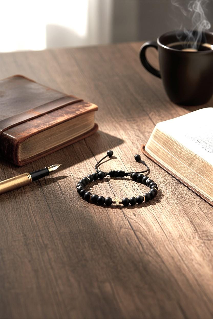 Onyx and Gold cross adjustable Bracelet on a wooden surface with a book, pen, and smoking mug in the background  
