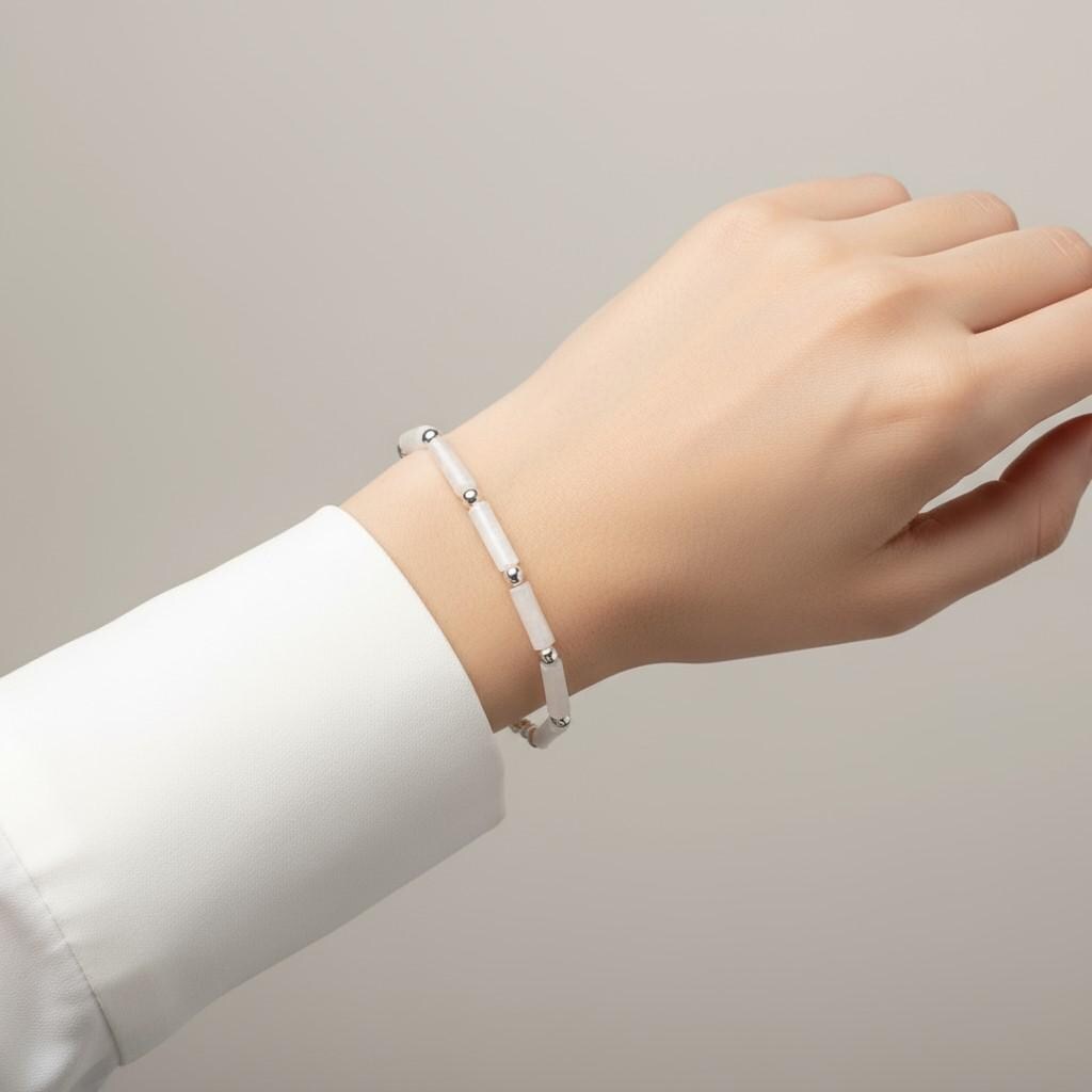 White Jade Gemstone Bracelet – Adjustable, Waterproof, Minimalist Bridal Jewelry with Silver Accents