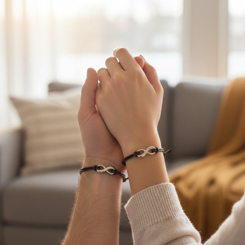 Couple holding hands while wearing matching infinity leather bracelets, romantic anniversary gift for husband and wife.