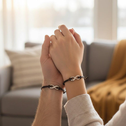 Couple holding hands while wearing matching infinity leather bracelets, romantic anniversary gift for husband and wife.