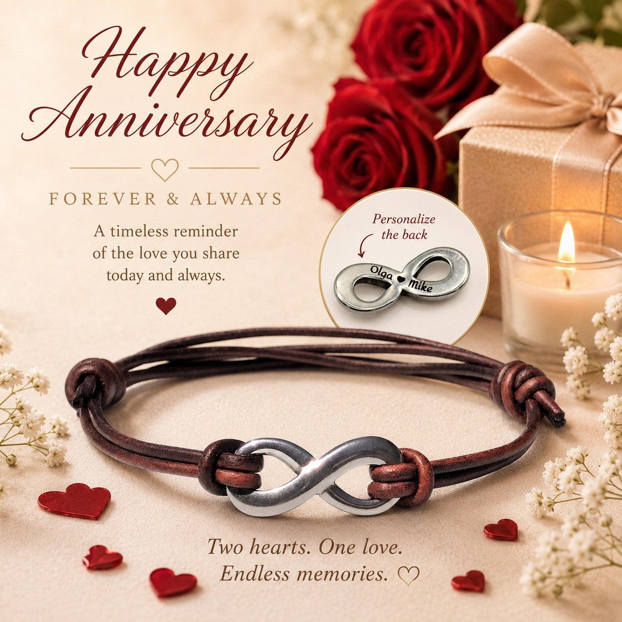 Personalized leather infinity bracelet with a silver stainless steel infinity symbol on a brown leather cord, displayed in a romantic anniversary setting with red roses, a gift box, candlelight, and heart accents. A close-up inset showcases the back of the infinity charm engraved with the names "Olga ♥ Mike," highlighting the hidden custom engraving option. This handmade couples bracelet makes a meaningful anniversary, wedding, Valentine's Day, or personalized gift for a husband, wife, boyfriend, or girlfri