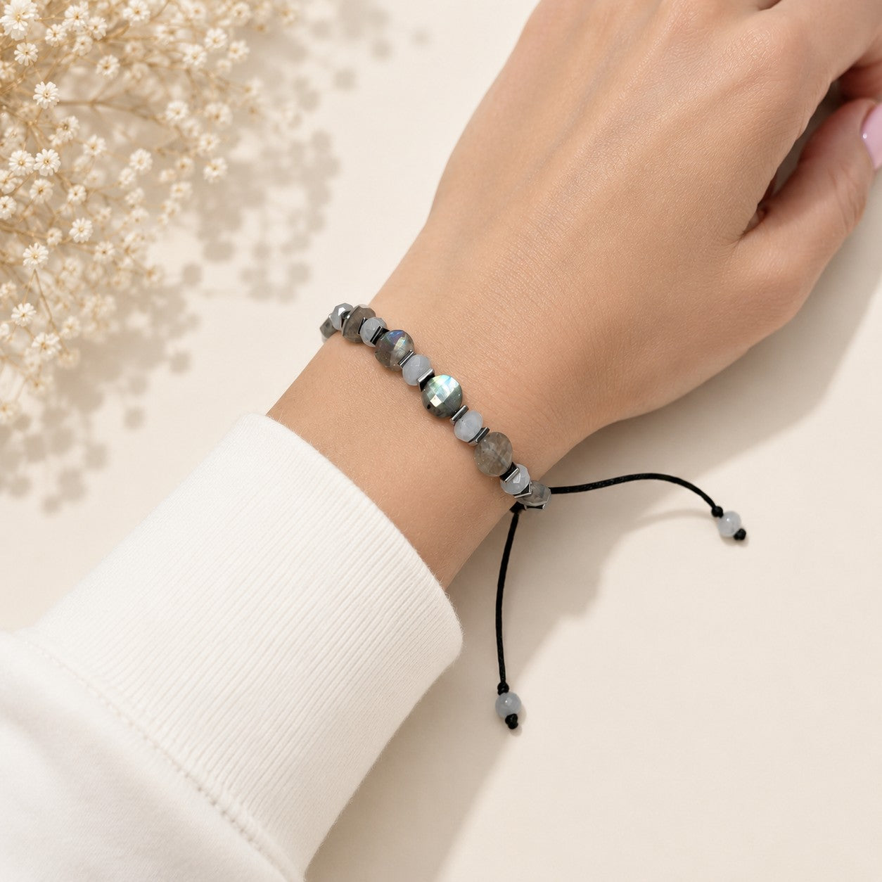 Labradorite & Aquamarine Bracelet, Adjustable Waterproof Crystal Jewelry, Unisex Healing Gift with Hematite Accents