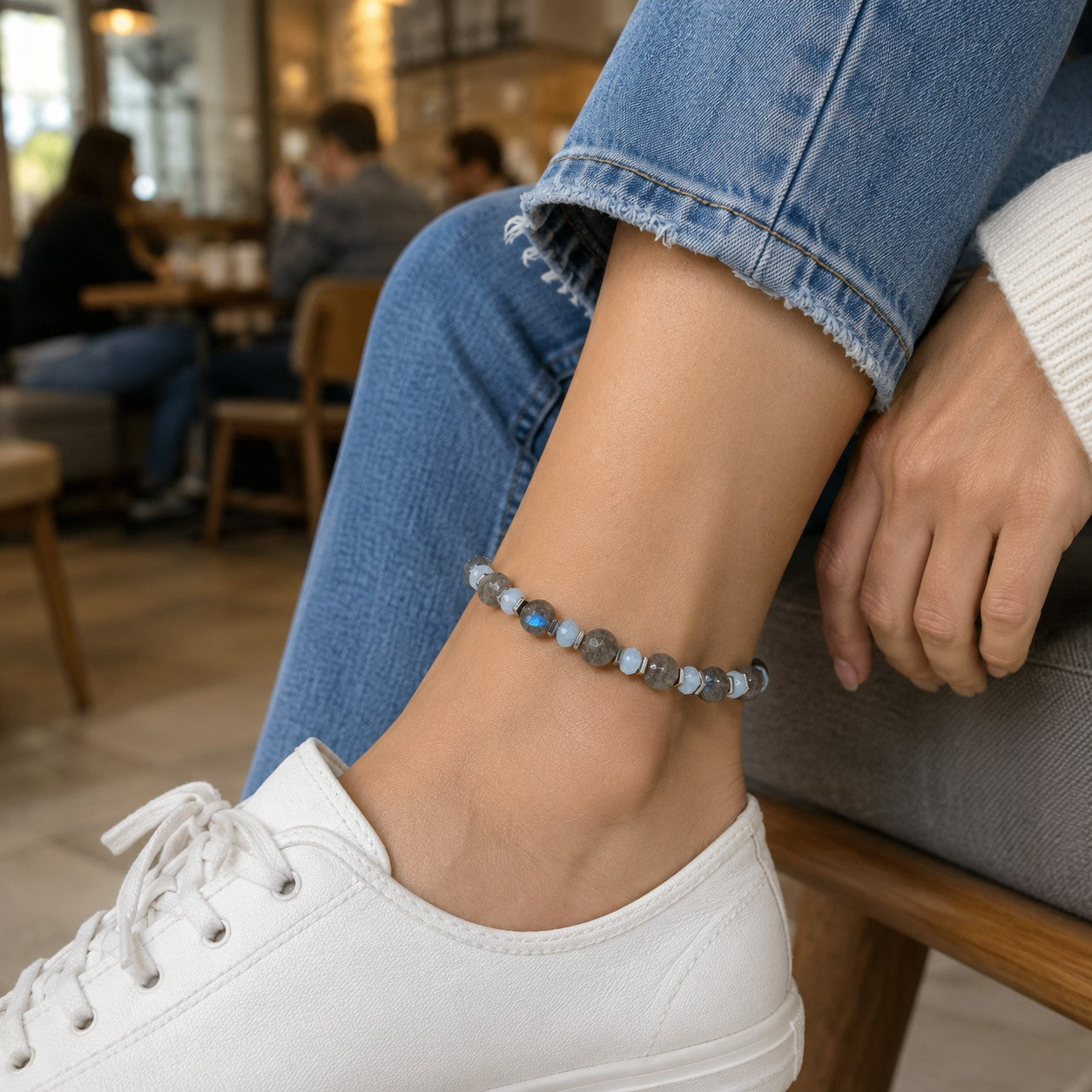 Labradorite & Aquamarine Bracelet, Adjustable Waterproof Crystal Jewelry, Unisex Healing Gift with Hematite Accents