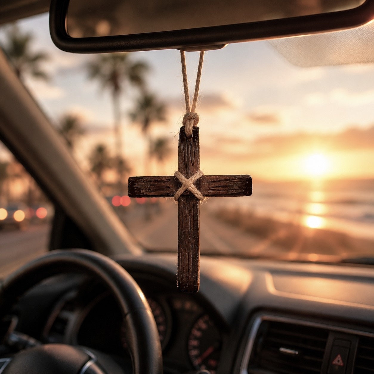 Leather Cross Christmas Ornament – Personalized Rearview Mirror Cross, Handmade Christian Gift