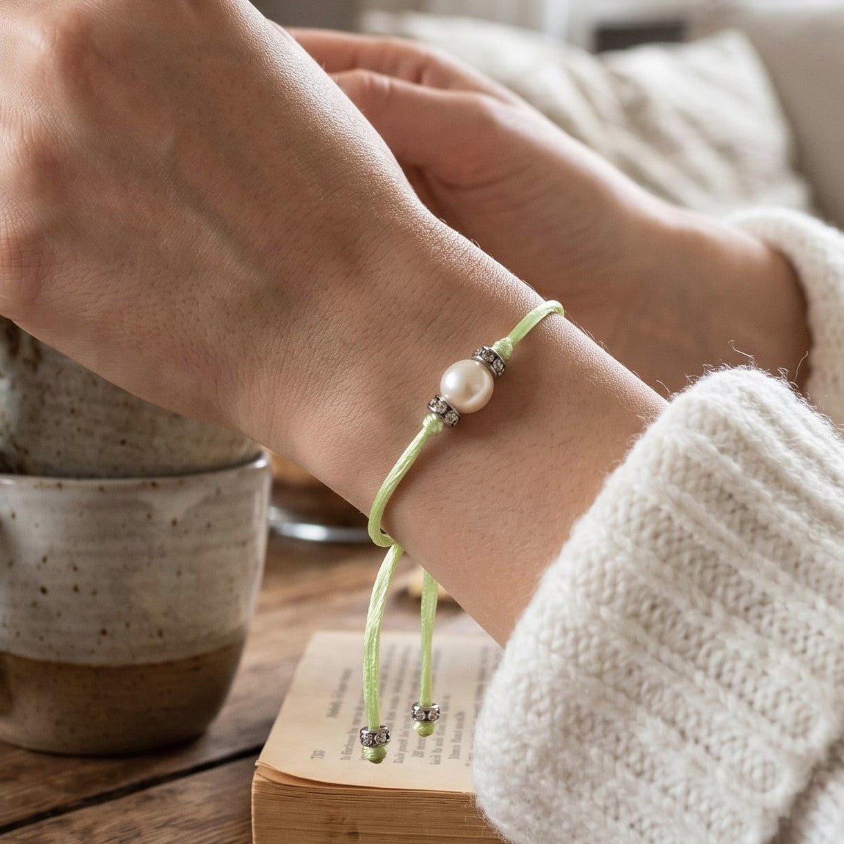 Single Pearl Bracelet with Initial - on model
