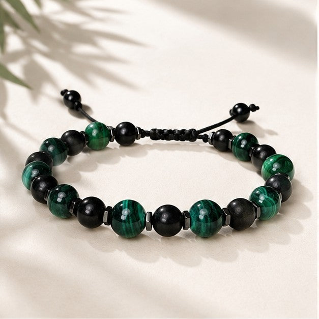 Elegant waterproof Malachite and Black Tourmaline bracelet with grounding Hematite accents, handcrafted on a strong adjustable cord for a comfortable custom fit. Personalized unisex gemstone bracelet showcasing vibrant natural green Malachite with unique banding and genuine Black Tourmaline beads. Minimalist crystal jewelry for women and men, perfect for daily wear, stacking, travel, meditation, anniversary gifts, birthday gifts, friendship gifts, and personalized keepsakes.