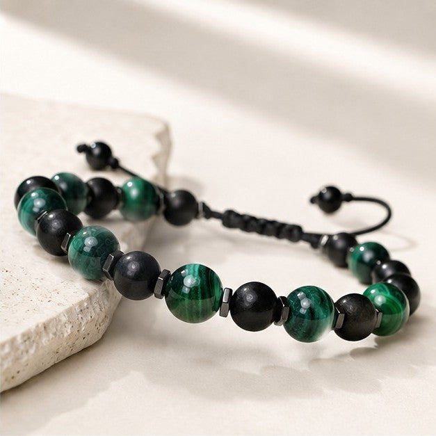 Luxury handcrafted Malachite, Black Tourmaline, and Hematite adjustable bracelet made with genuine natural gemstones on a waterproof adjustable cord. Personalized unisex crystal bracelet featuring rich emerald-green Malachite, protective Black Tourmaline, and sleek Hematite accents. Comfortable minimalist bracelet for women and men, ideal for everyday wear, spiritual jewelry collections, yoga, mindfulness, birthdays, Christmas, Father's Day, Mother's Day, and unique personalized gifts.
