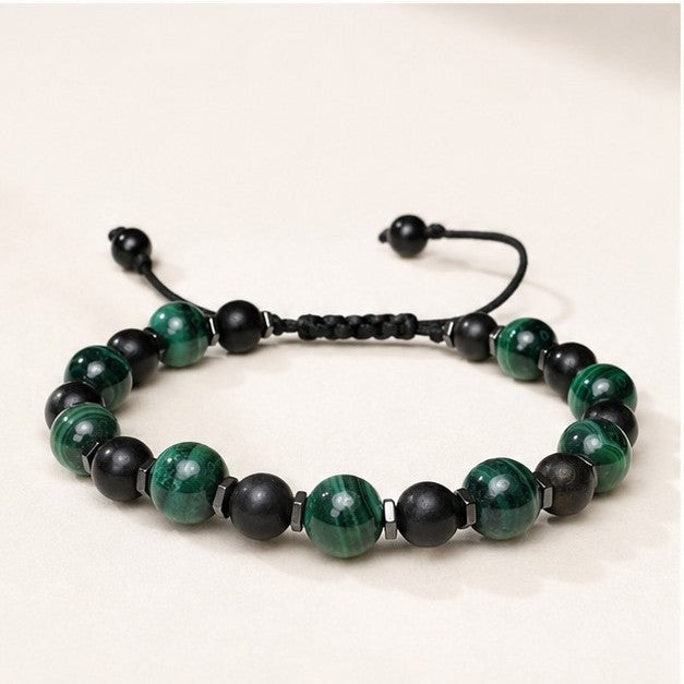 Natural Malachite Black Tourmaline Bracelet, Personalized Initial Bracelet for Men Women, Waterproof Adjustable Gemstone Bracelet, Protection Gift