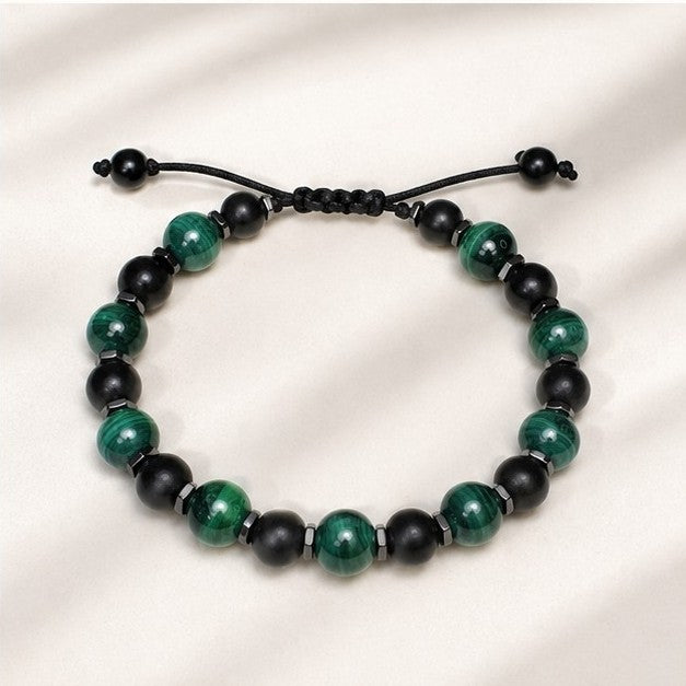 Natural Malachite Black Tourmaline Bracelet, Personalized Initial Bracelet for Men Women, Waterproof Adjustable Gemstone Bracelet, Protection Gift