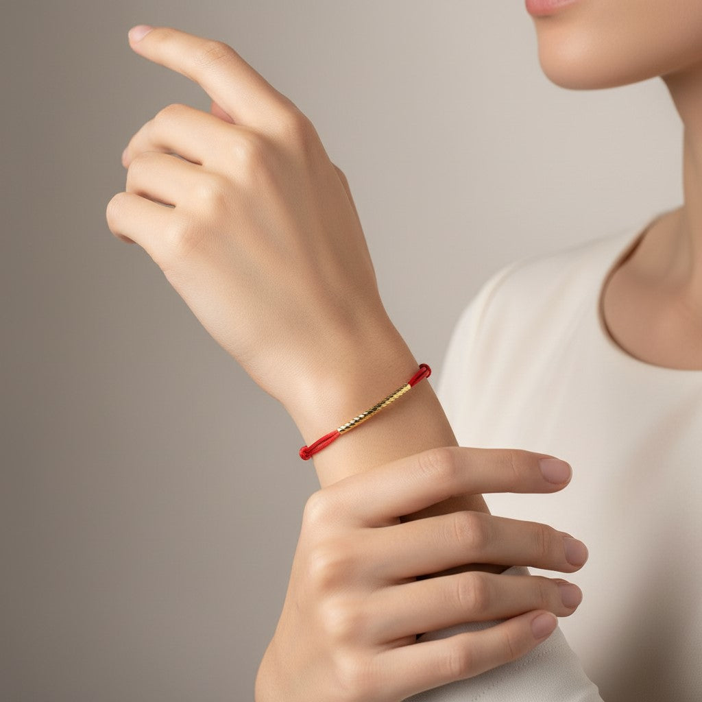 minimalist-red-string-bracelet-gold-tube-the-gift-clue. Handcrafted Adjustable Tiny Red String Bracelet for Good Luck. It features a silky red string complemented by a faceted gold tube and 3 delicate beads. Close-up of a person wearing a red string bracelet on their wrist.