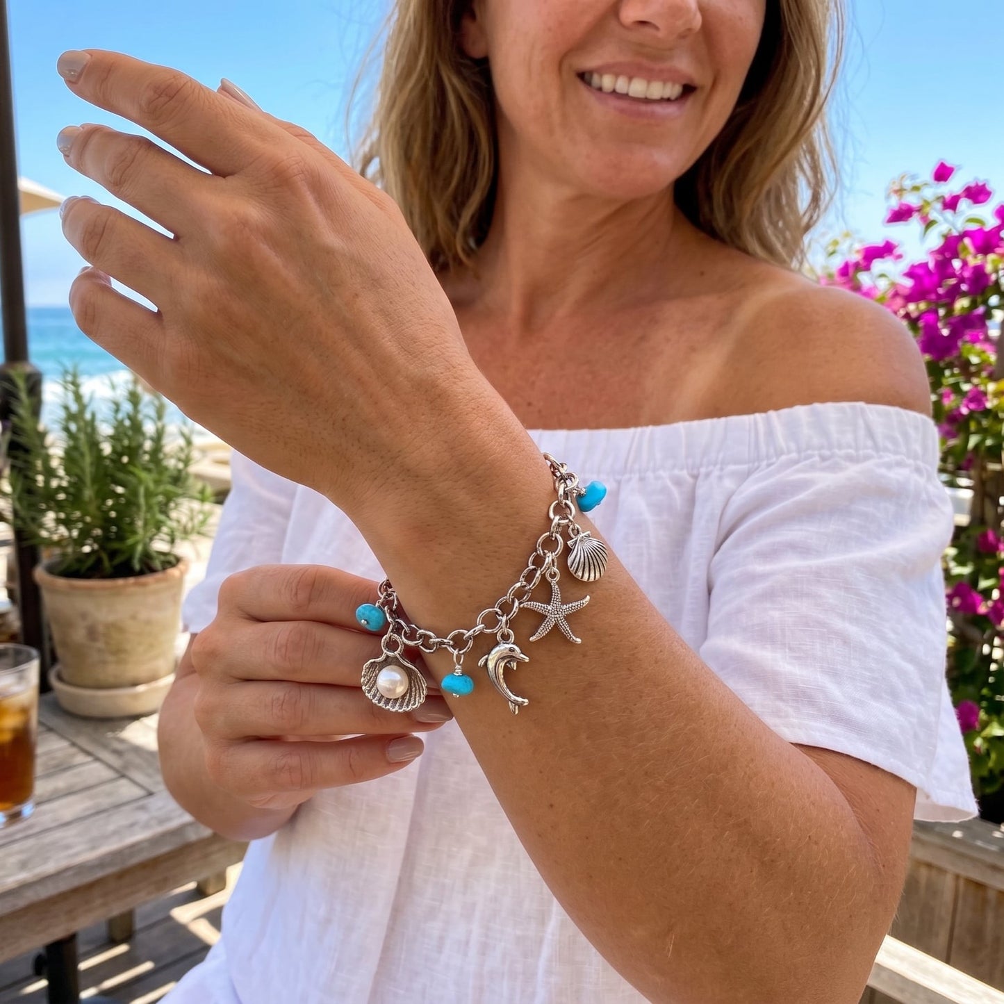 Turquoise Charm Bracelet: Pearl, Shell, Dolphin - Personalized Initial - gift packaging