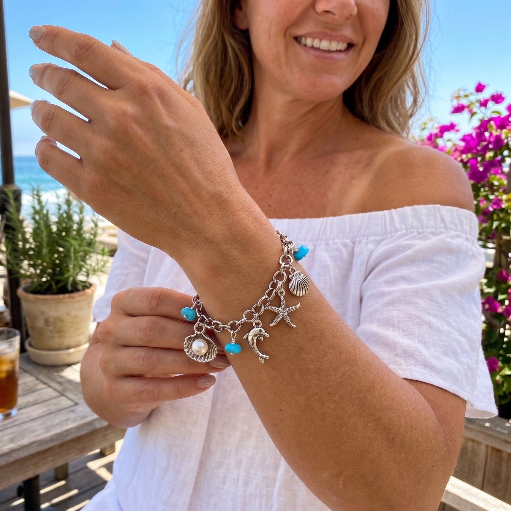 Turquoise Charm Bracelet: Pearl, Shell, Dolphin - Personalized Initial - gift packaging