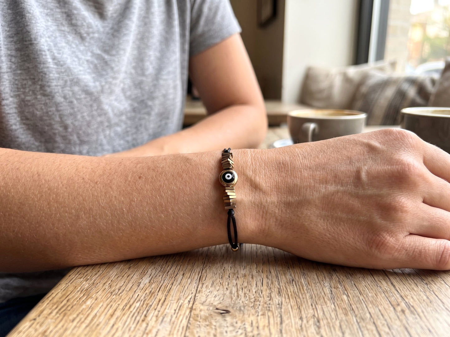 Gold-Filled Evil Eye Bracelet, Adjustable Waterproof Bracelet, Gold Hematite Beads, Protection Bracelet for Women, Personalized Initial Gift