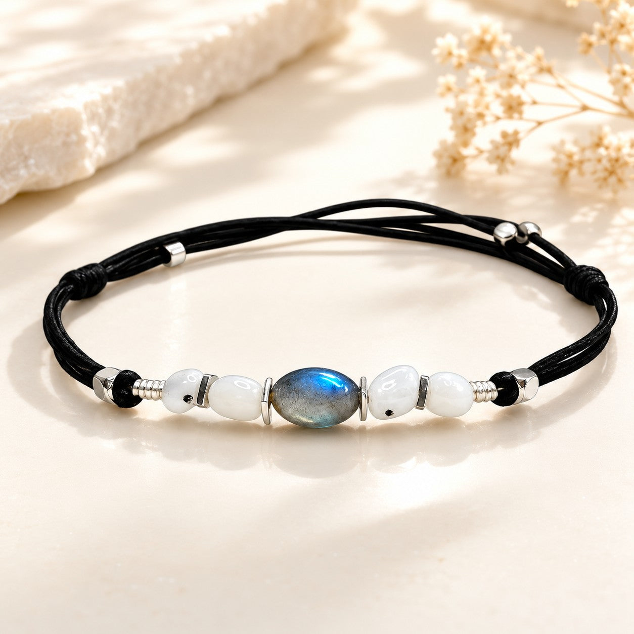 Handmade Labradorite and Moonstone anklet on an elegant ivory background featuring a blue-flash Labradorite gemstone, white Moonstone beads, silver-tone spacers, and waterproof adjustable black cord. Luxury boho gemstone anklet for women, beach jewelry, summer fashion, minimalist style, everyday wear, and gift giving.