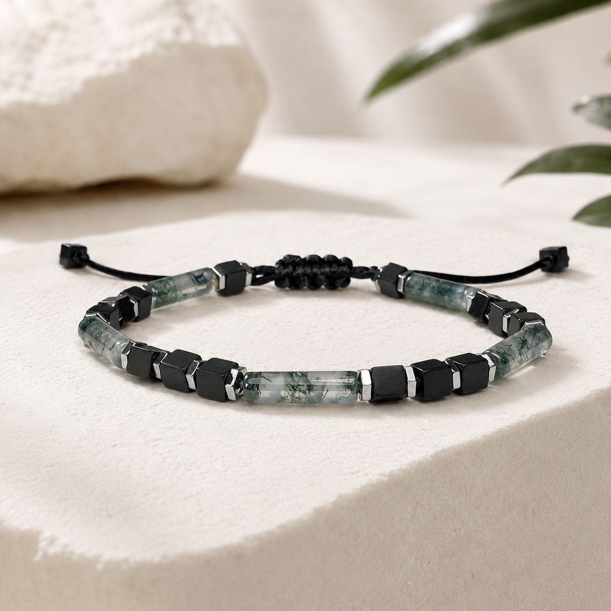 Moss Agate & Black Onyx Bracelet: Adjustable Gemstone Beaded Bracelet, Initial Charm Option, Gift for Him and Her