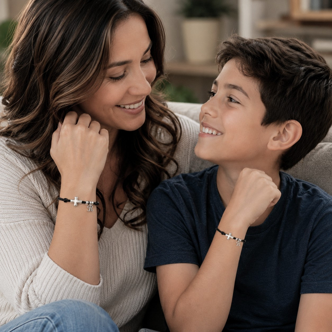 Matching Silver Cross Bracelet Set: Initial Charm, Christian Jewelry - close-up