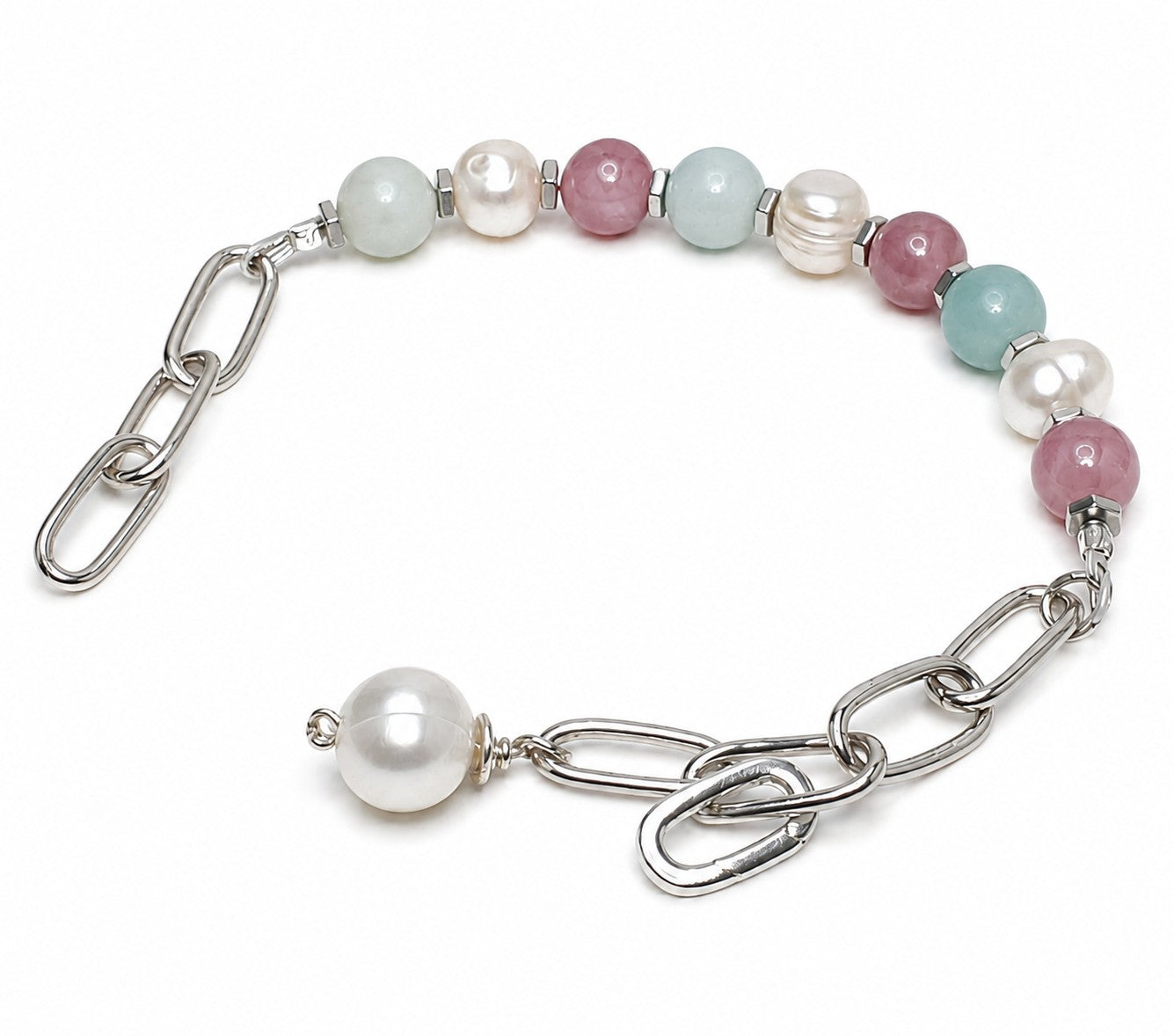 Pearl, Rose Quartz & Amazonite Bracelet – Adjustable Gemstone Chain Bracelet