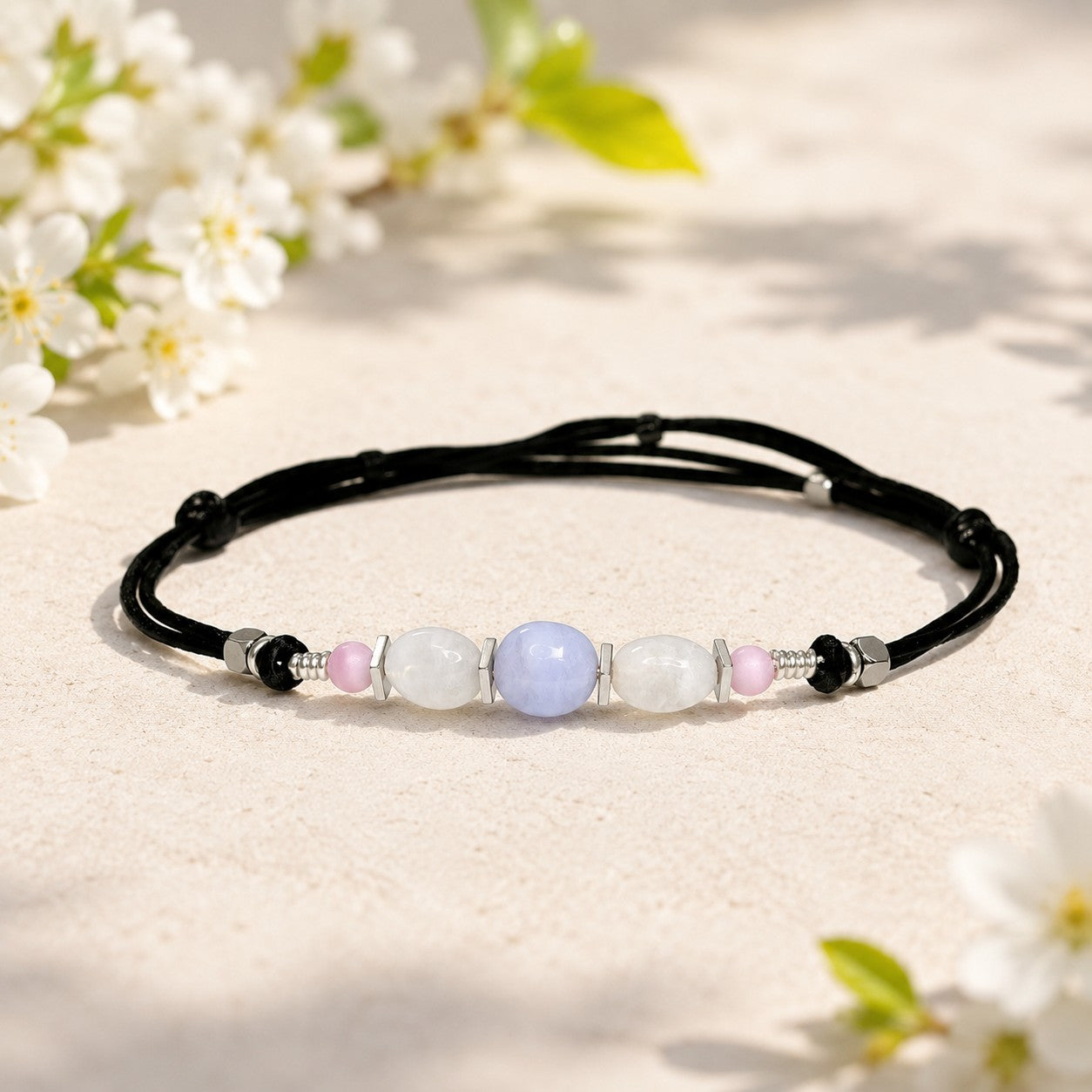 Moonstone and Blue Lace Agate gemstones anklet. The anklet is made with silky black string and adjustable for a perfect size.  
One Blue Lace Agate surrounds smaller moonstone gemstones. In between gemstones are square flat Hematite silver beads.