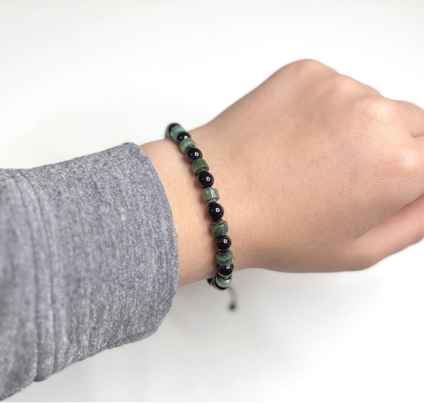 Green Jade & Black Onyx Bracelet, Adjustable and Waterproof Gemstone Bracelet with Initial