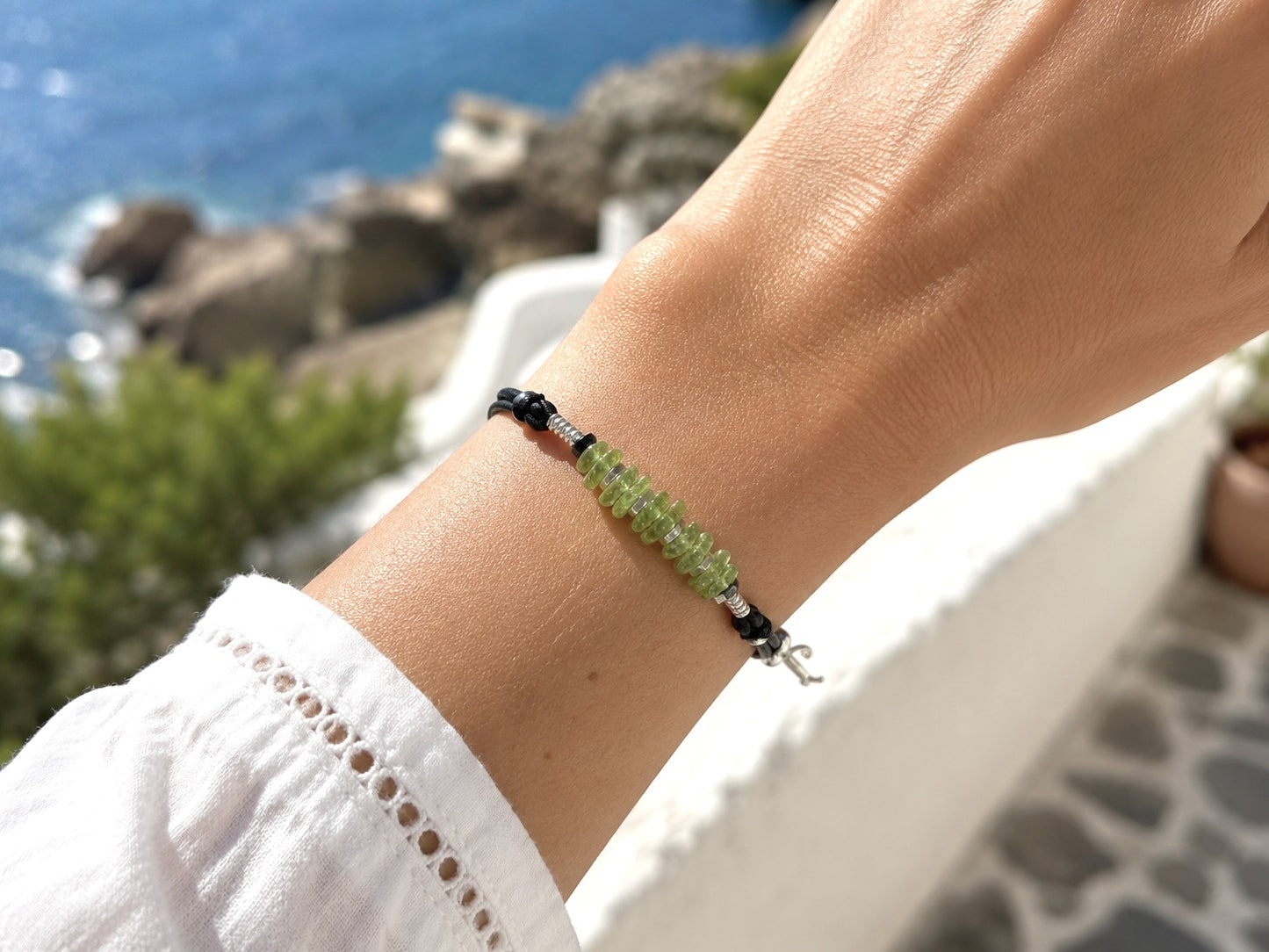 Peridot Chip Bracelet: Adjustable Cord, Silver Hematite, Good Luck Charm