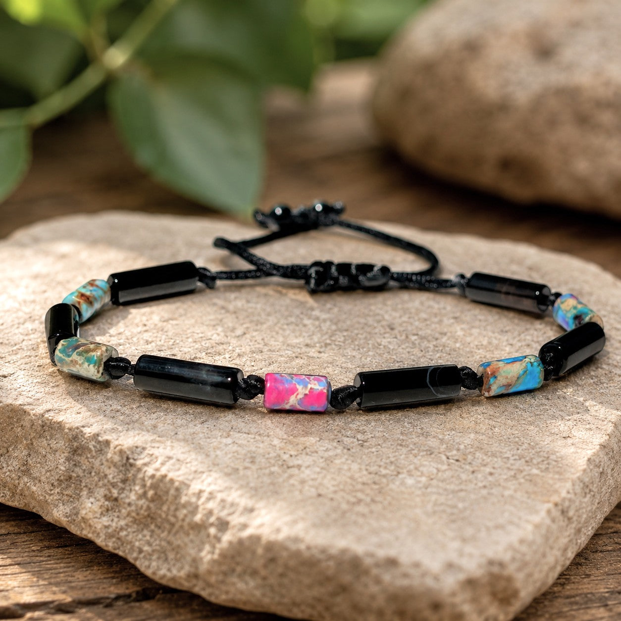 Rainbow Imperial Sea Sediment Jasper and Black Onyx adjustable bracelet featuring vibrant pink, turquoise, cream, and earthy-toned jasper beads paired with polished black onyx tube beads. Handcrafted on a durable waterproof cord with an adjustable sliding knot closure for a comfortable fit. This unisex gemstone bracelet combines natural stone beauty with a modern minimalist design, making it perfect for everyday wear, stacking, beach vacations, spiritual jewelry collections, and meaningful gifts. 