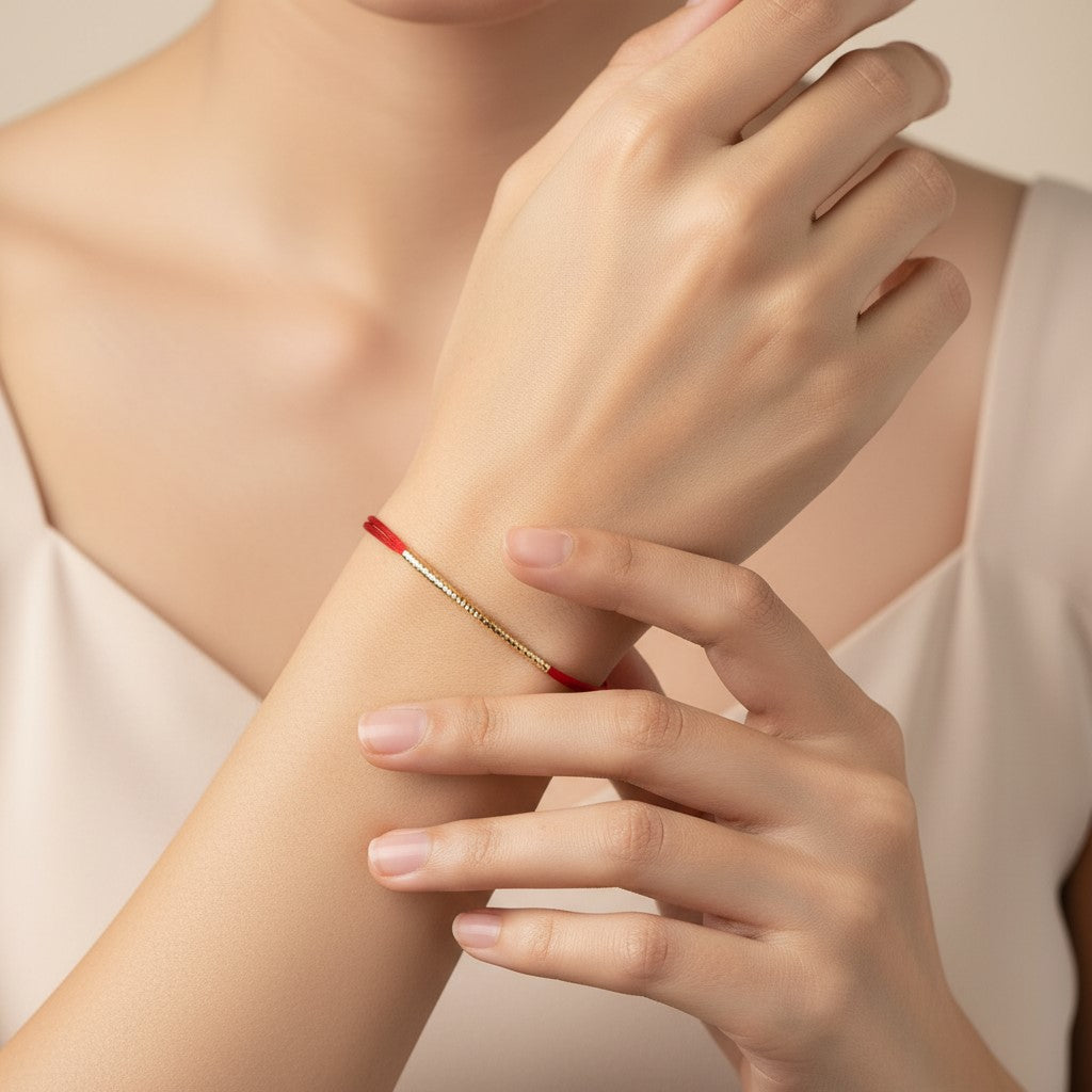 Handcrafted Adjustable Tiny Red String Bracelet for Good Luck. It features a silky red string complemented by a faceted gold tube and 3 delicate beads. Close-up of a person wearing a red string bracelet on their wrist.