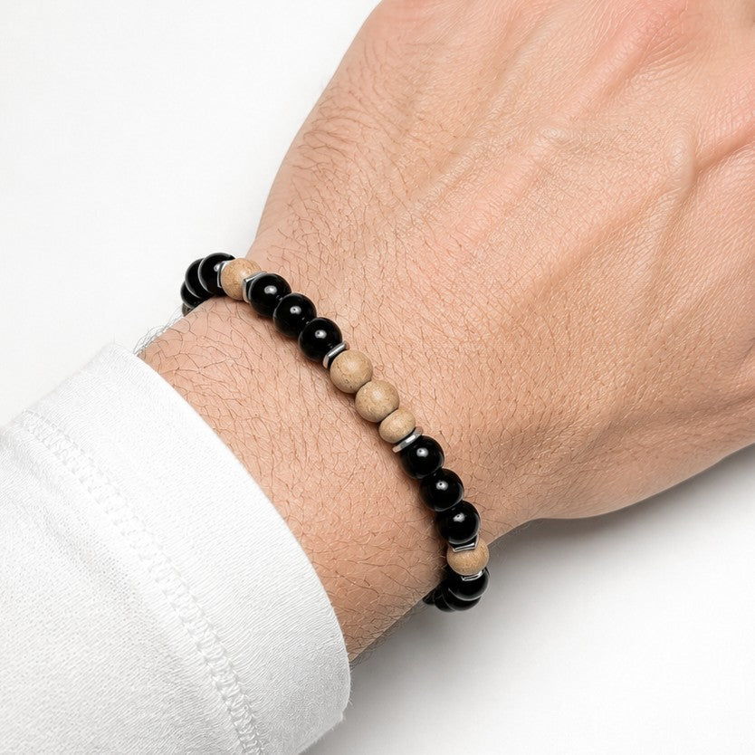 Waterproof Sandalwood & Black Onyx Bracelet with Hematite - gift packaging