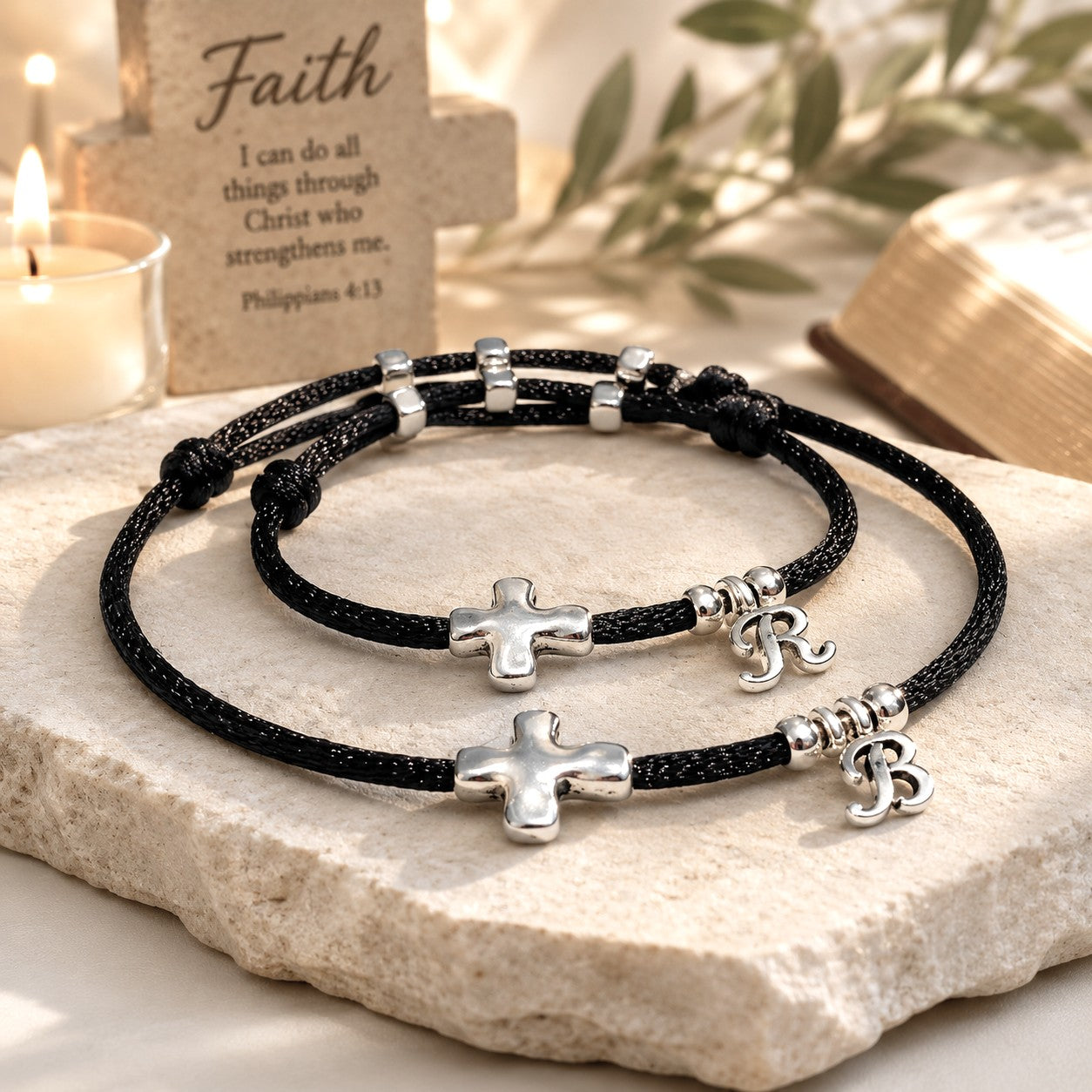Two handcrafted silver sideways cross bracelets made with black satin cord, each featuring a silver-plated cross and a personalized initial charm—any letter can be added. One bracelet has a larger cross with a 'B' charm, the other has a smaller cross with an 'R' charm. Adjustable, waterproof, and gift-ready, displayed on a white background.