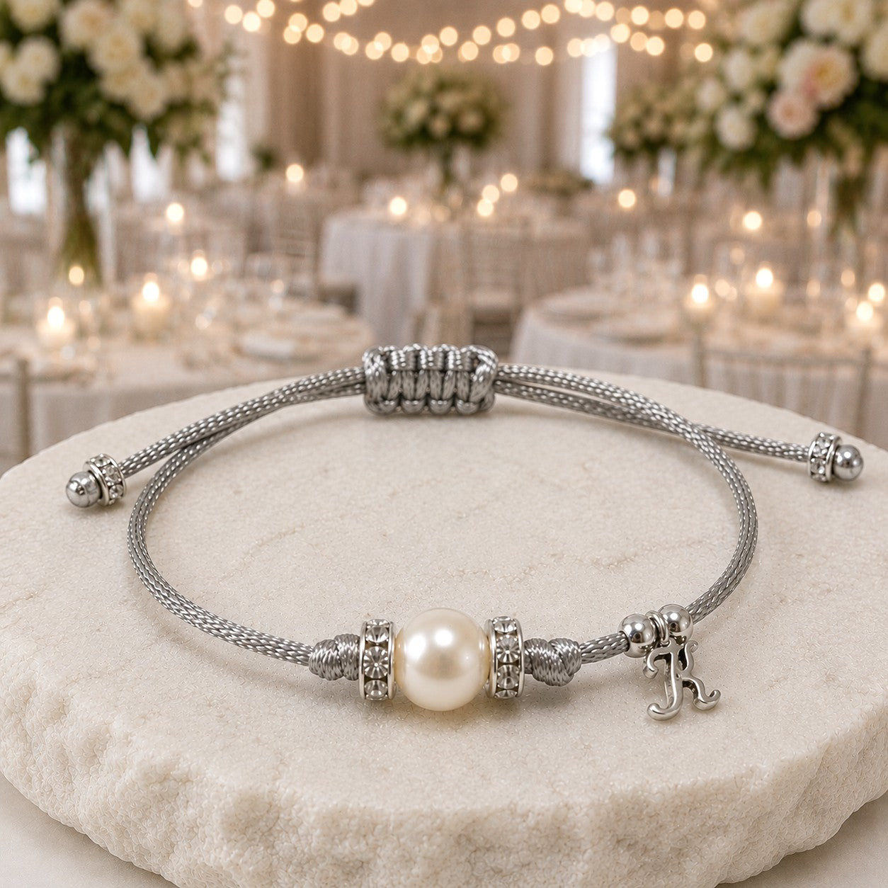 Single Pearl Bracelet with Initial - side view