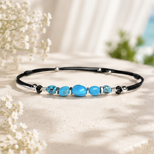 This handmade Sleeping Beauty turquoise anklet is a waterproof, adjustable ankle bracelet with genuine untreated Arizona turquoise and an optional initial charm — dainty everyday beach jewelry made to be worn everywhere.