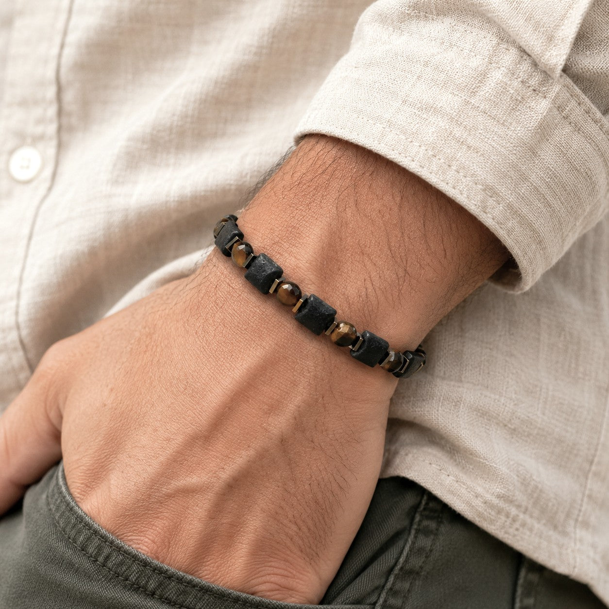 Natural Black Agate, Tiger Eye and Hematite Adjustable Bracelet for Men and Women, Triple Pr... - gift packaging