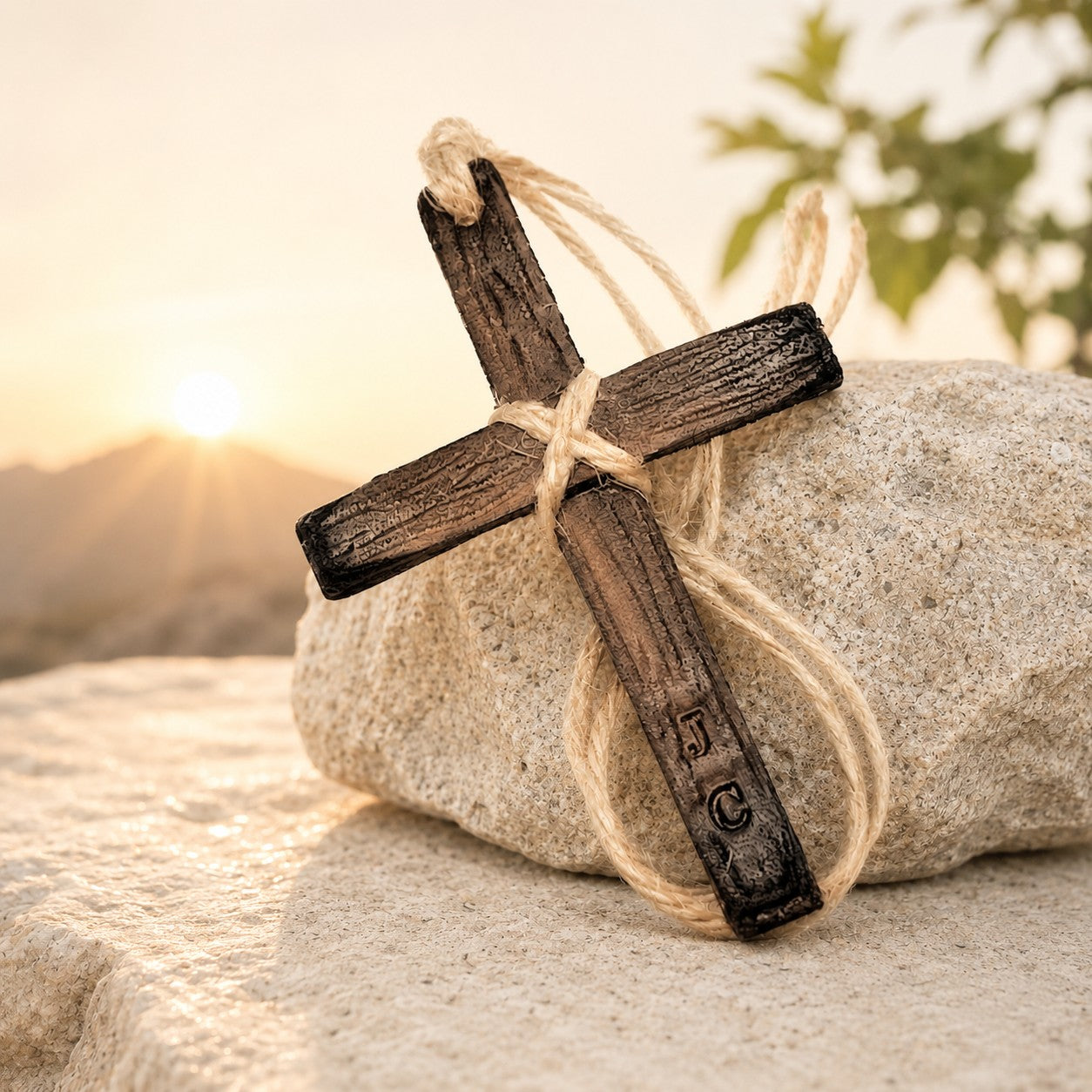 Handmade rustic leather cross ornament with natural twine hanger and personalized with initials. Hand-tooled genuine leather Christian cross featuring a distressed brown finish and woodgrain texture, perfect for Christmas tree décor, car mirror hanging, faith-based gifts, and farmhouse home decoration. 