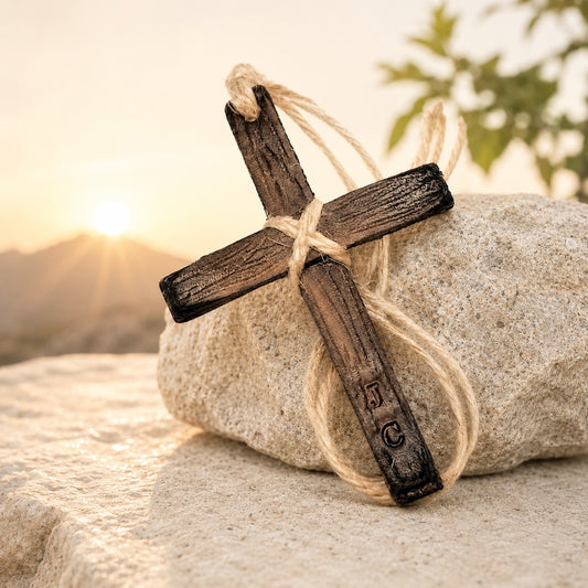 Handmade rustic leather cross ornament with natural twine hanger and personalized with initials. Hand-tooled genuine leather Christian cross featuring a distressed brown finish and woodgrain texture, perfect for Christmas tree décor, car mirror hanging, faith-based gifts, and farmhouse home decoration. 