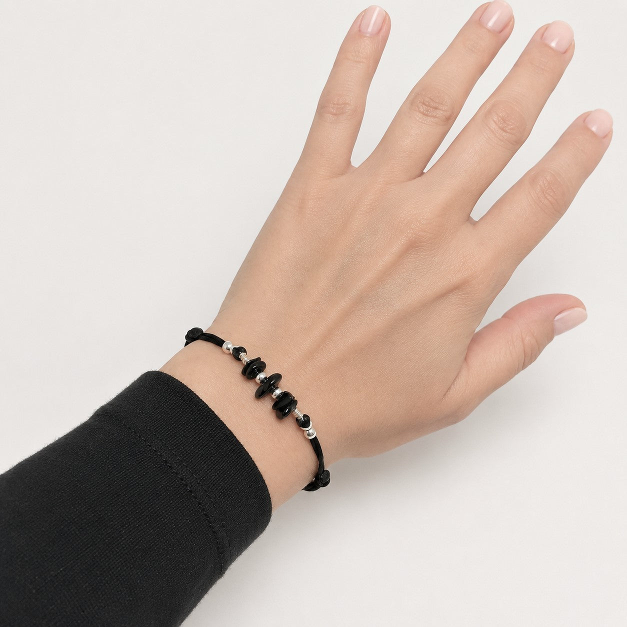 Black Tourmaline Bracelet: Silver Beads, Adjustable Gemstone Jewelry