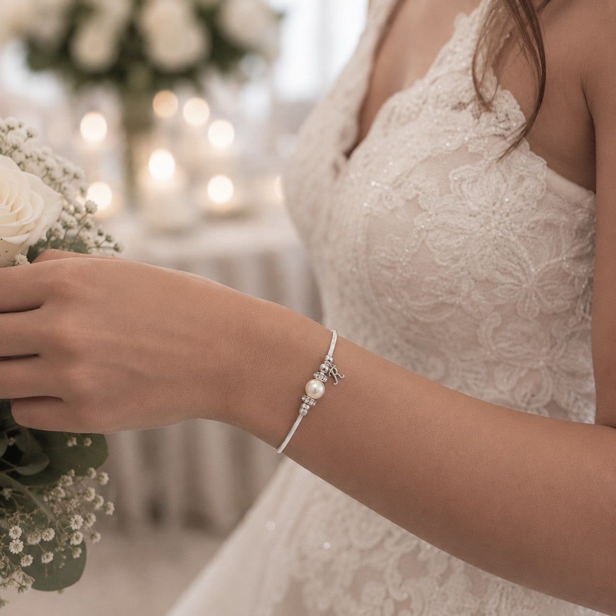 Single Pearl Bracelet with Initial - lifestyle photo